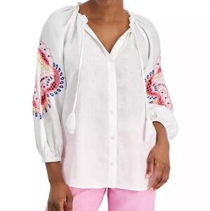 Charter Club Womens Top Size LP White 100% Linen Split Neck Cutout Sleeve